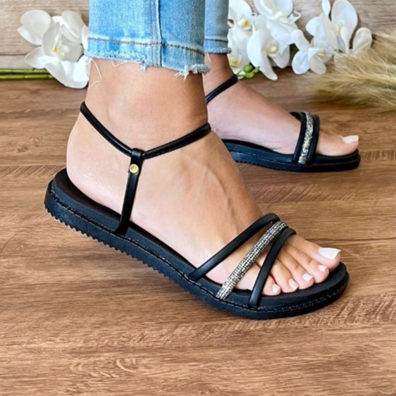 Rasteirinha Glitter Strass Sandália Plana Preta B