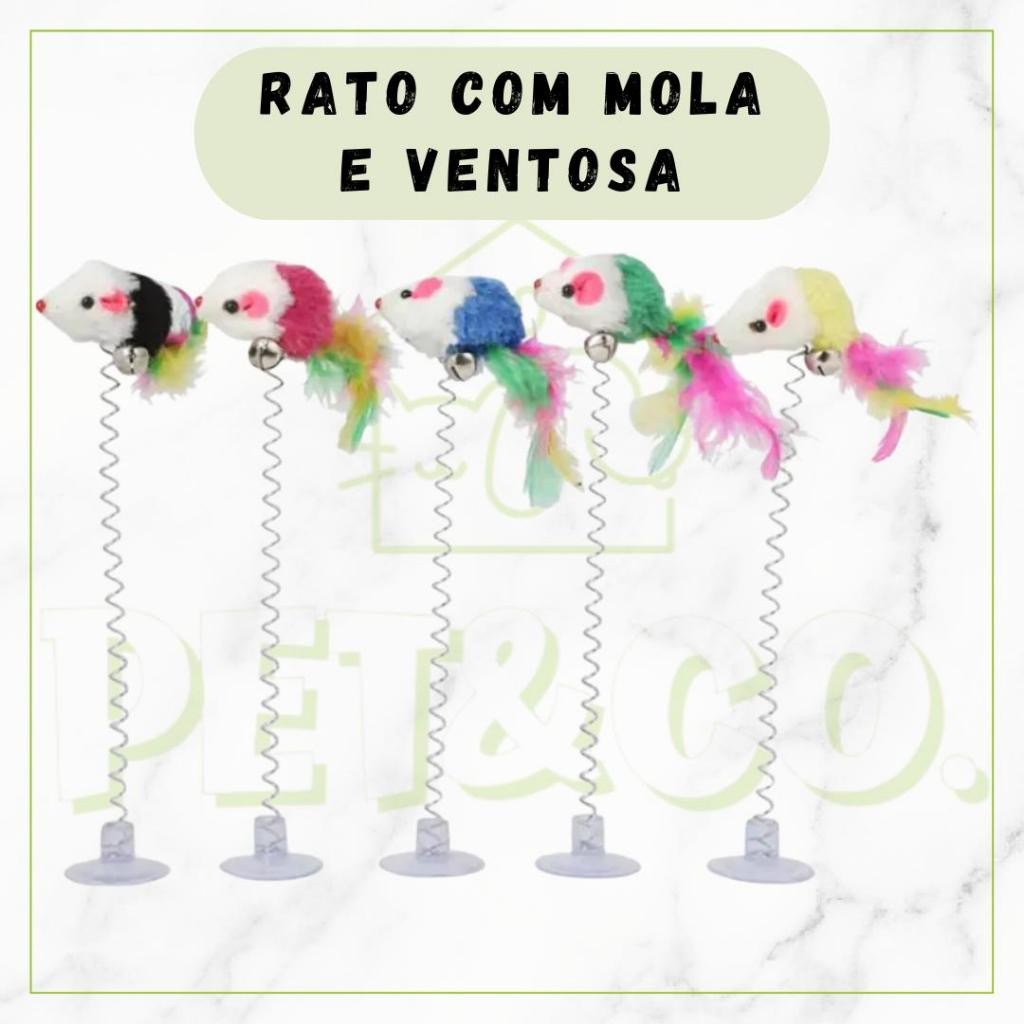 Brinquedo Mola Maluca para Gato com Ventosa e Ratinho com Penas