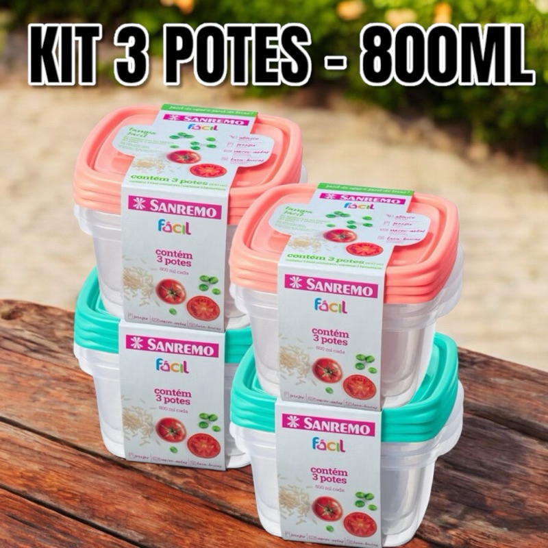 3 Potes Quadrado 800ml Tampa Isolamento Hermico Organizador de Alimentos Frezzer e Geladeira