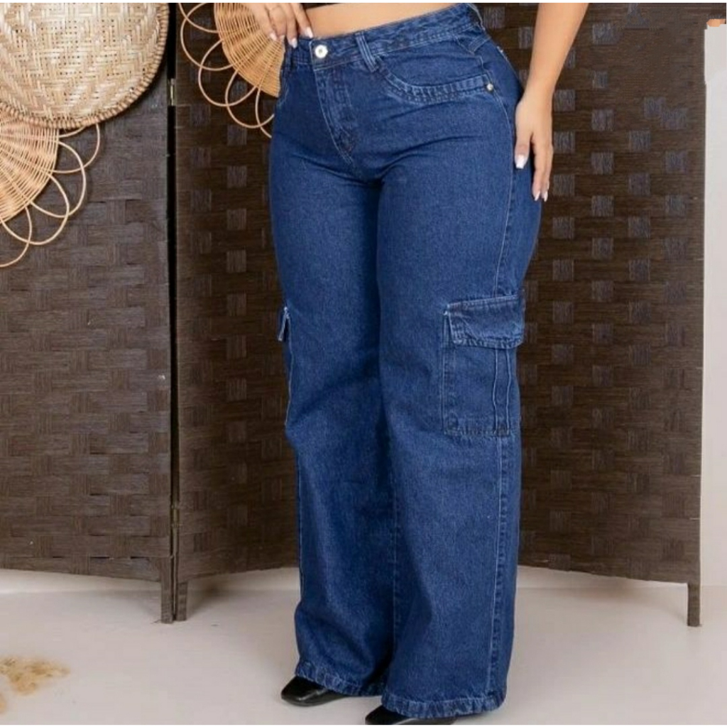 CALÇA CARGO PLUS SIZE JEANS CINTURA ALTA
