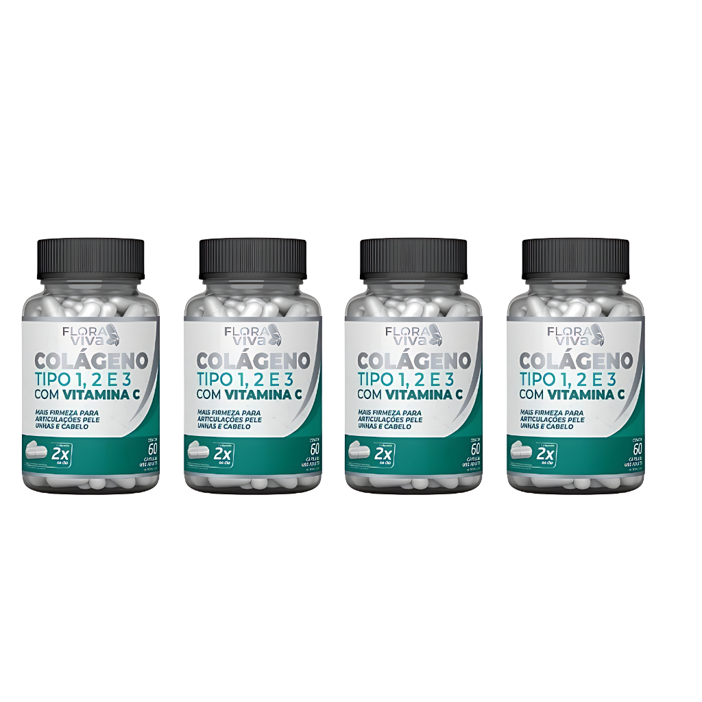 4 POTES Colágeno Tipo 1, 2 e 3 com Vitamina C 60cps – Flora Viva