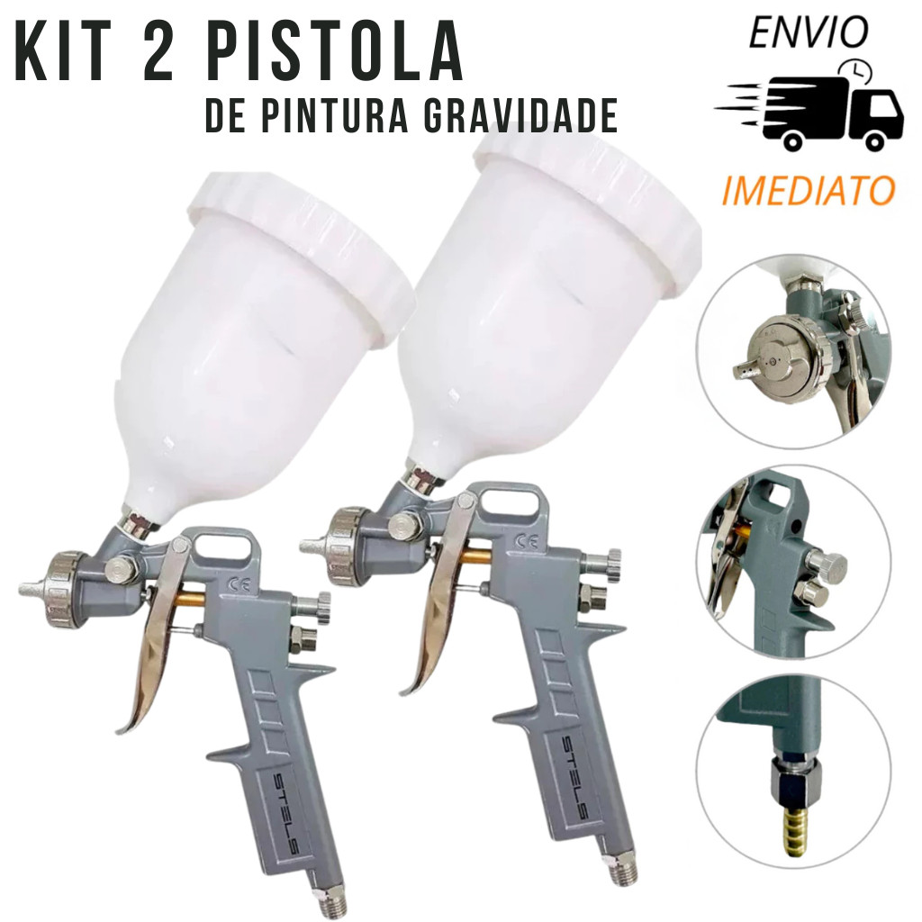 Kit 2 Pistola de Pintura 3 Bicos Gravidade 600ml 1,2 1,5 1,8mm