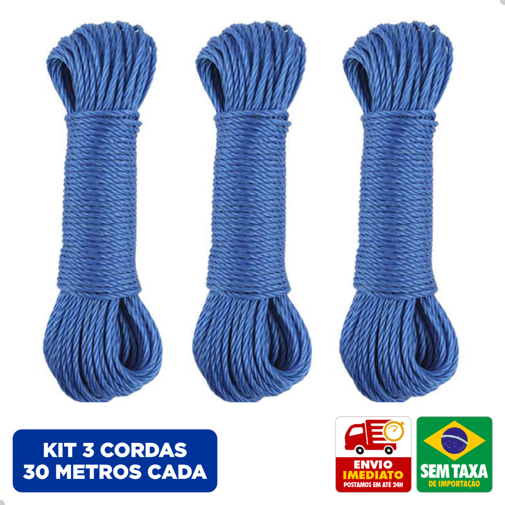 Kit 3 Cordas para Varal Nylon Resistente 30M 15M 10M Azul Laranja Branco Cleantech