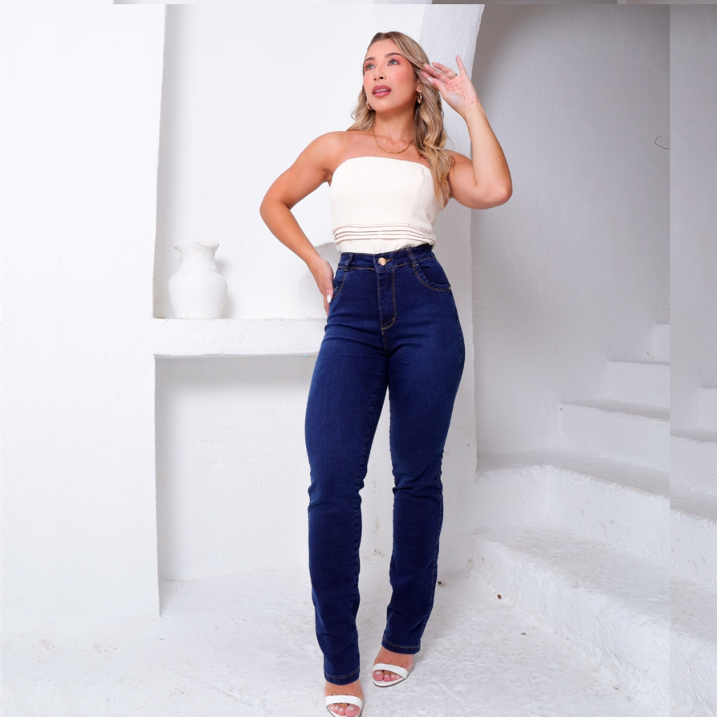 Calça Jeans Feminina Reta Cintura Alta Confortável Elegante Casual