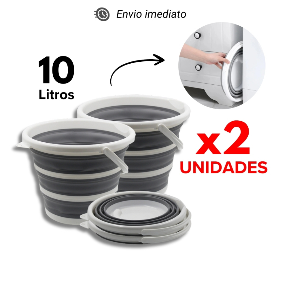 Kit 2 Balde Retrátil 10 Litros Premium Cinza Fácil de Guardar Alça e Gancho de Parede Dobrável