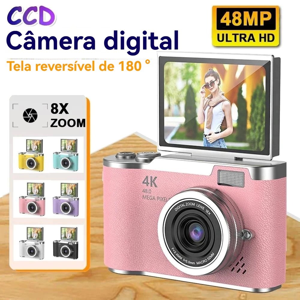 Câmera digital com zoom 4K CCD 8x, adequada para fotografia estudantil, compacta de 48MP, tela flip