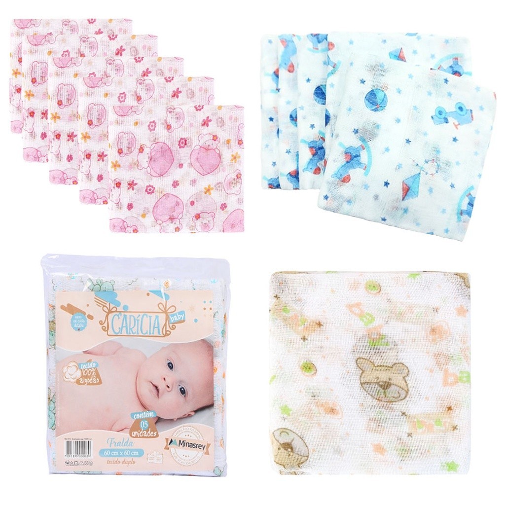 Fralda de Pano Bebe Kit com 5 Unidades 60x60cm 100% algodão Minasrey – Estampada