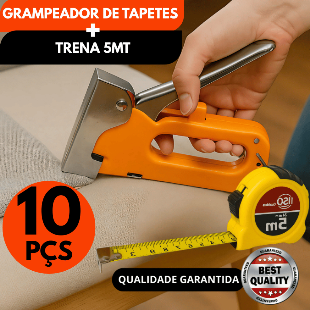 Kit 5 Grampeadores de Tapeceiro Manual Alta Pressão P/ Profissional Tapeceiro + 5 Trenas de 5mt