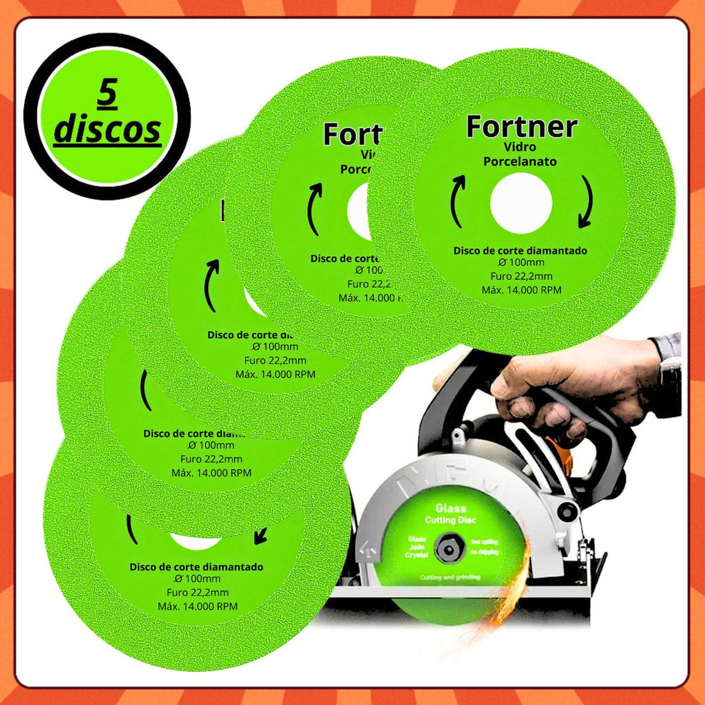 Kit 5 Discos Diamantado Para Corte De Vidro Porcelanato Piso e Cerâmica 100mm X 20mm