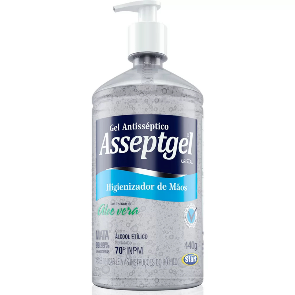 Álcool em Gel Antisseptico Asseptgel Cristal Aloe Vera 420g Hidratante Com Válvula Pump