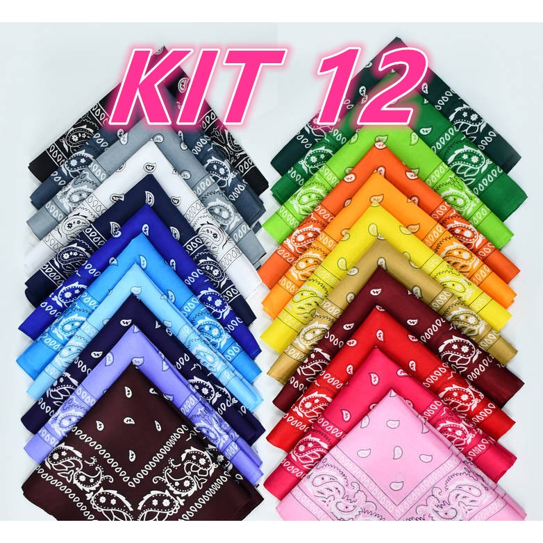 KIT 12/6/3/2 Bandanas Lenço Estampada Colorido 55X55cm 002 (*12 CORES DISPONÍVEIS NO DESCRIÇAO*)