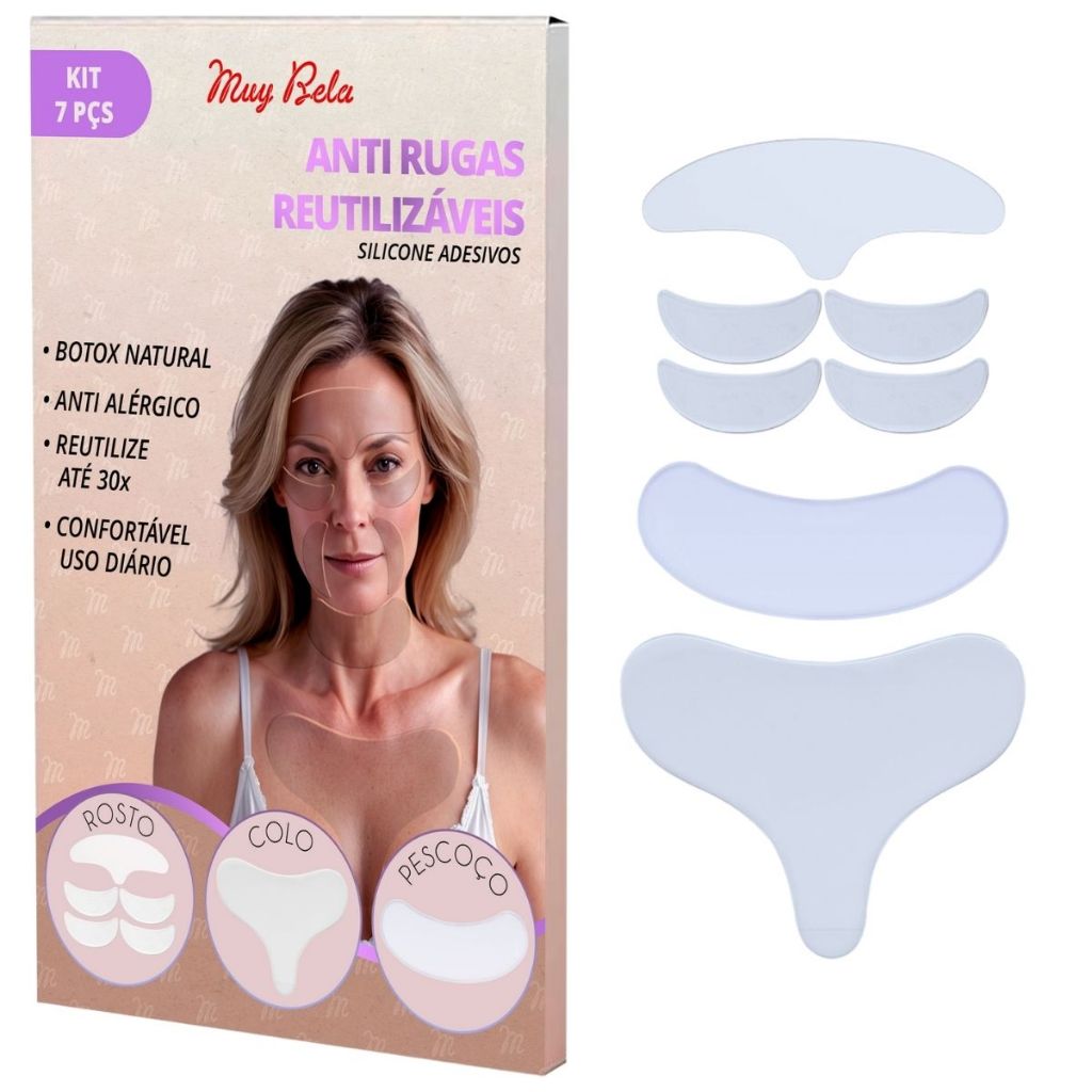 Kit 7 Adesivos Anti Rugas Muy Bela | Rosto, Pescoço, Colo e Peito | Silicone Reutilizável | Skin Car