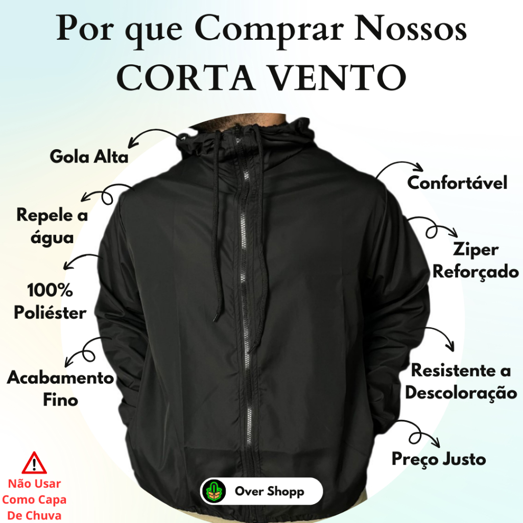 Jaqueta Corta Vento Masculina Impermeável Semi Forrada Com Capuz – Repelente a Água – Gola Alta