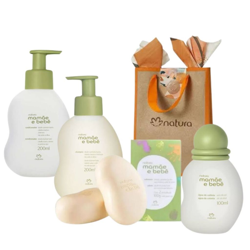 Kit Mamãe e Bebê Completo Natura: Shampoo, Condicionador, Colônia e Sabonetes (5 itens)