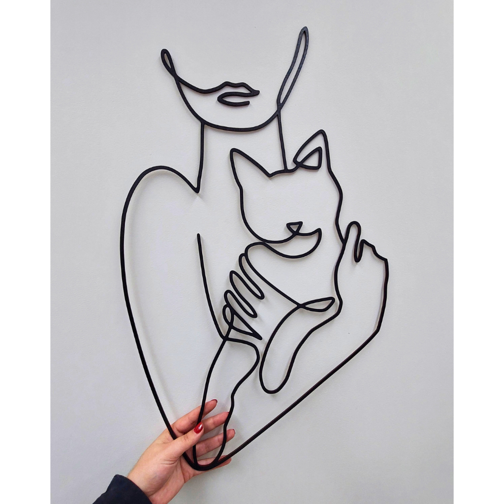 Quadro Decoração Mulher e Gato Aplique De Parede Vazado Fine Line Delicados Linhas Amor por Pets Mdf