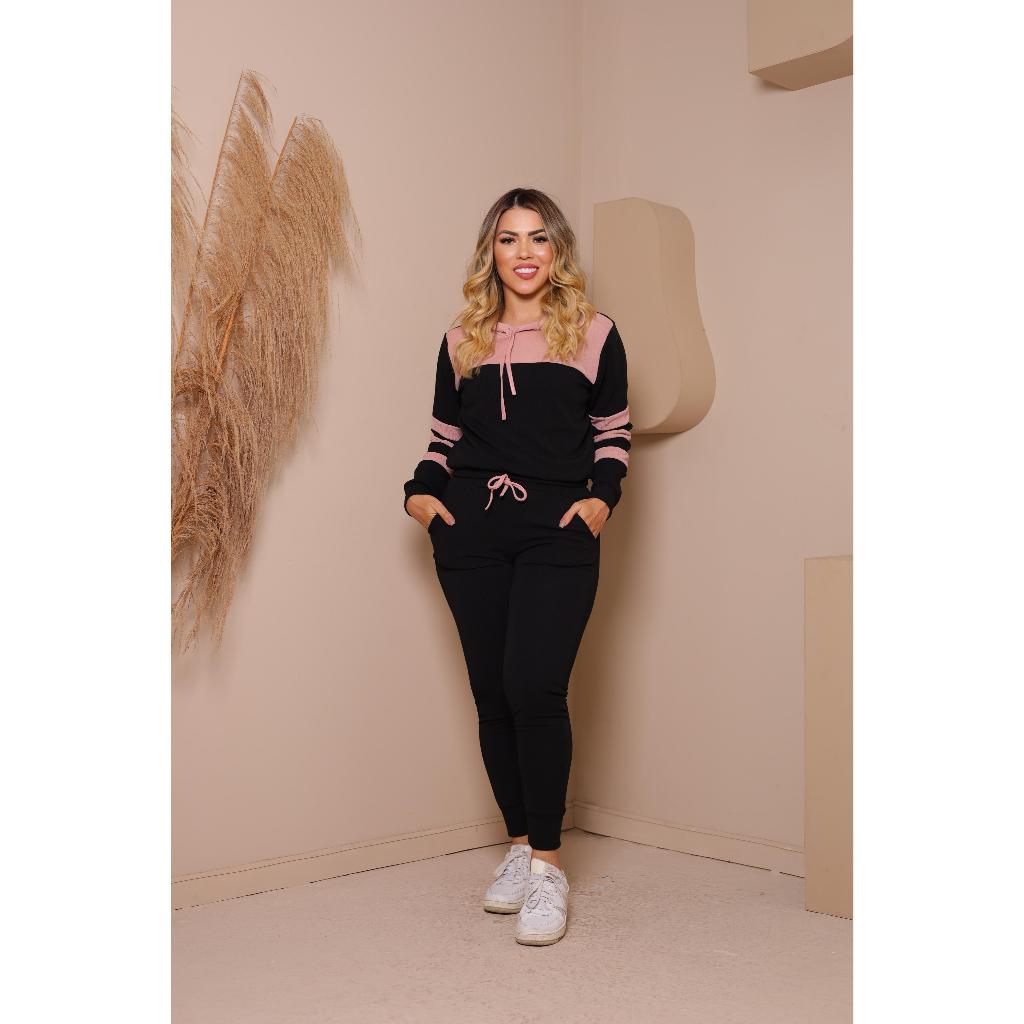 Conjunto De Frio Feminino Calça + blusa Inverno Frio Moletom Malha Crepe Com Capuz