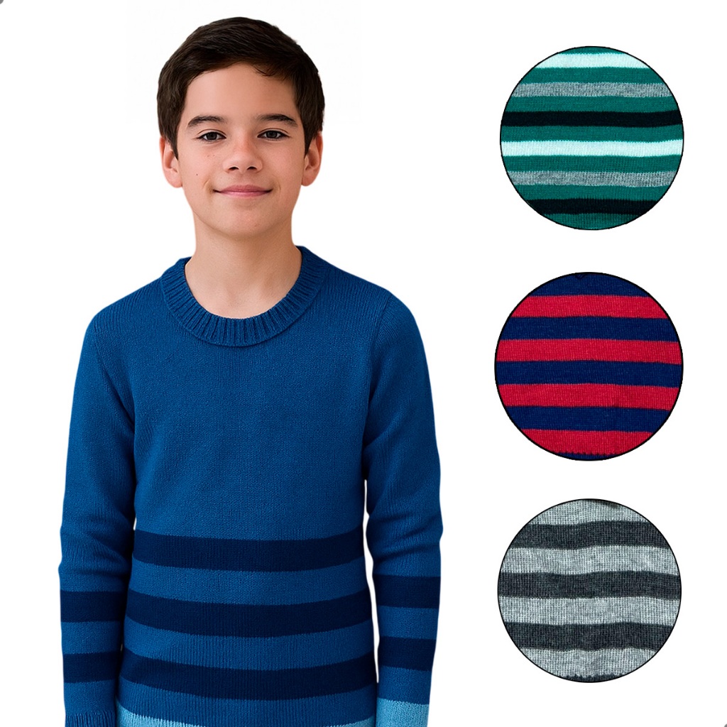 Kit 3 Blusas Masculinas Juvenis Tricô Canelado Listradas Manga Longa Gola V ou Redonda Leves Inverno