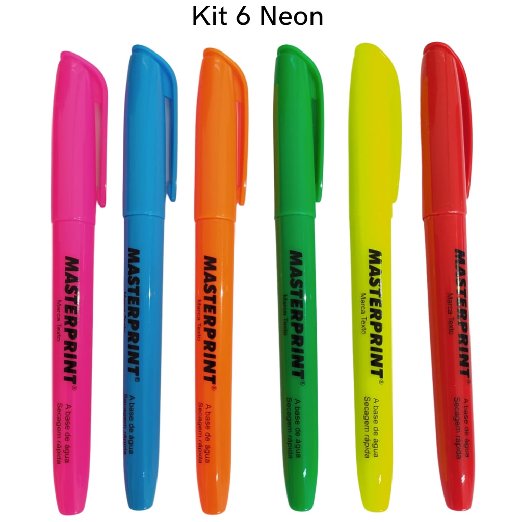 Kit 6 Canetas Marca Texto Neon Masterprint – Cores Variadas