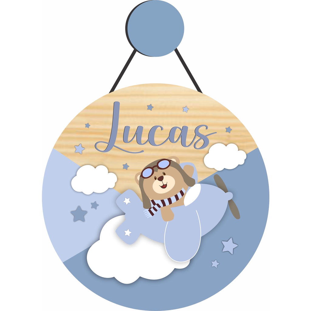 Enfeite Porta Maternidade Urso Aviador, Avião, Ursinho – Nome personalizado – Decoração para quarto