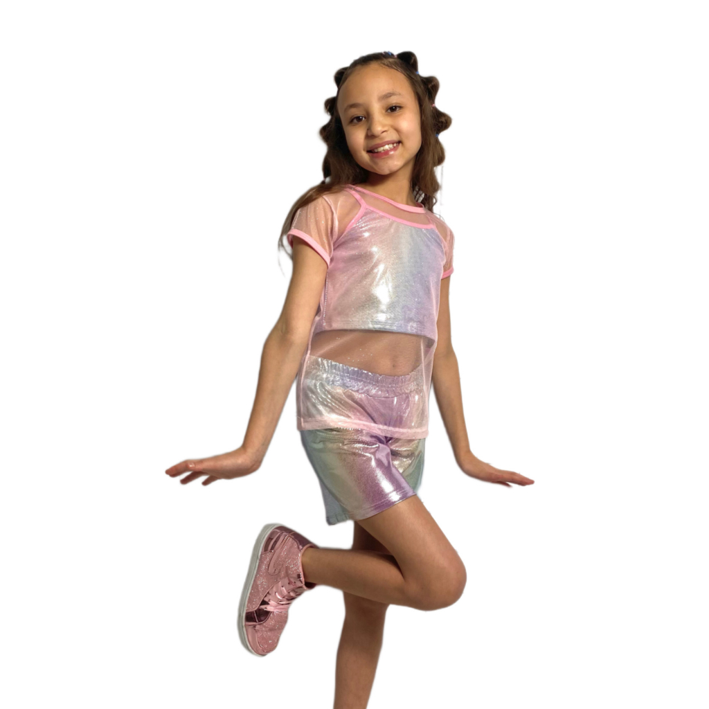 Conjuntos Infantil Holográfico 3 Peças Top + Short + Blusa Glitter Escama Sereia Menina Festa