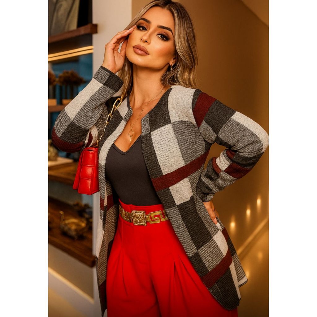 CASACO KIMONO FEMININO JACARD XADREZ INVERNO FRIO TRICÔT