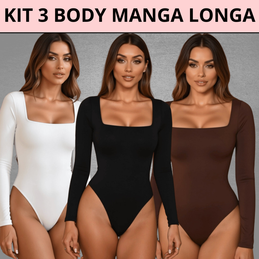 Kit 3 Body Feminino Decote Quadrado Manga Longa Suplex Forrado Segunda Pele Inverno Moda Feminina