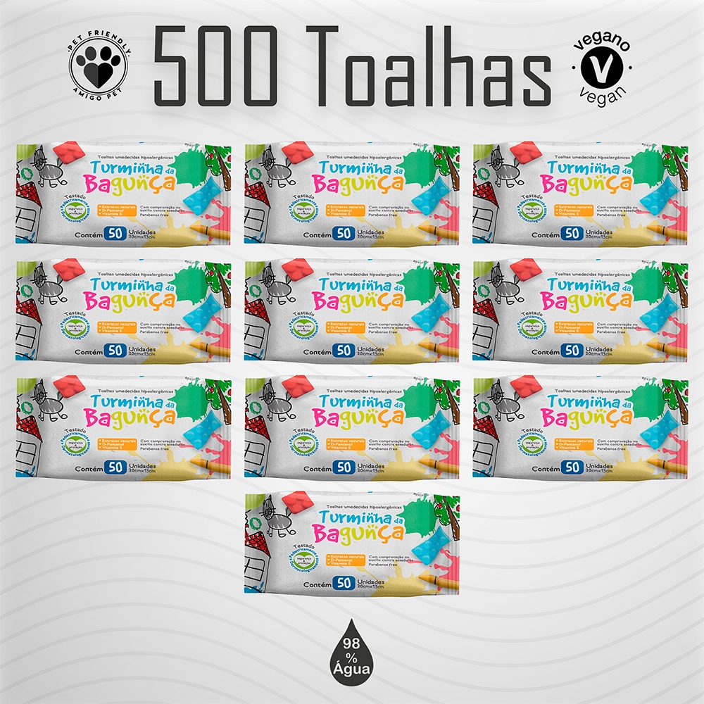 Kit 10 Toalhas Umedecidas Turminha da Bagunça 50 Folhas 98% Água
