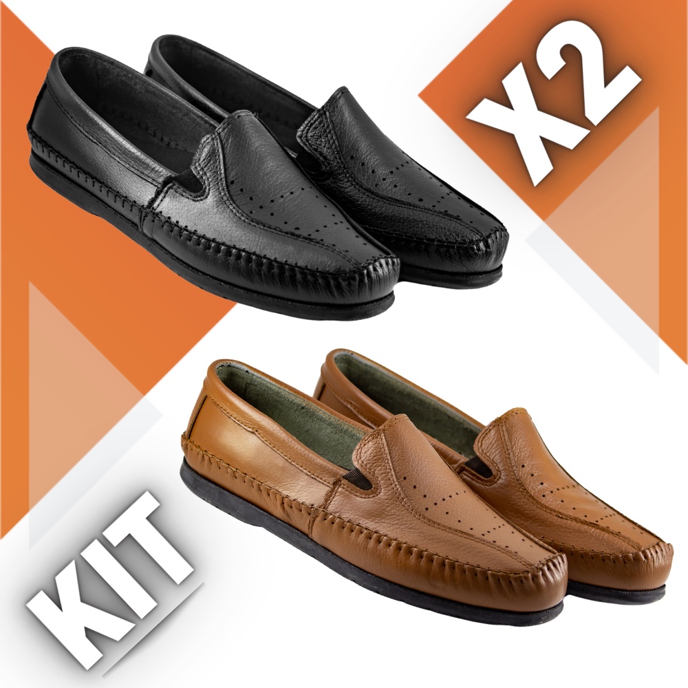 Kit 2 Pares Sapato Masculino Mocassim de Couro Legitimo Ortopédico Anti Stress Black Friday
