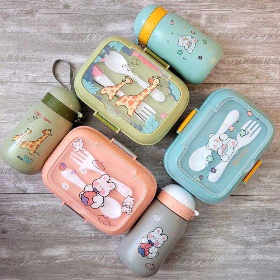 Kit Marmita Infantil com Talheres de Plástico e Garrafa de 400ml com Canudo Lancheira Escolar Creche