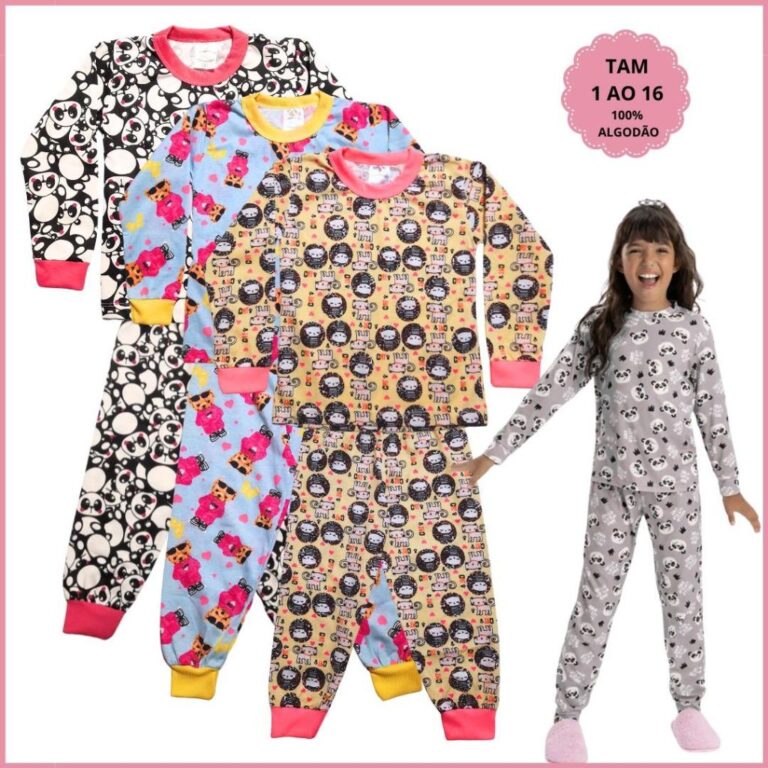 Kit 6 Peças Pijama Infantil Inverno Feminino 3 Ca