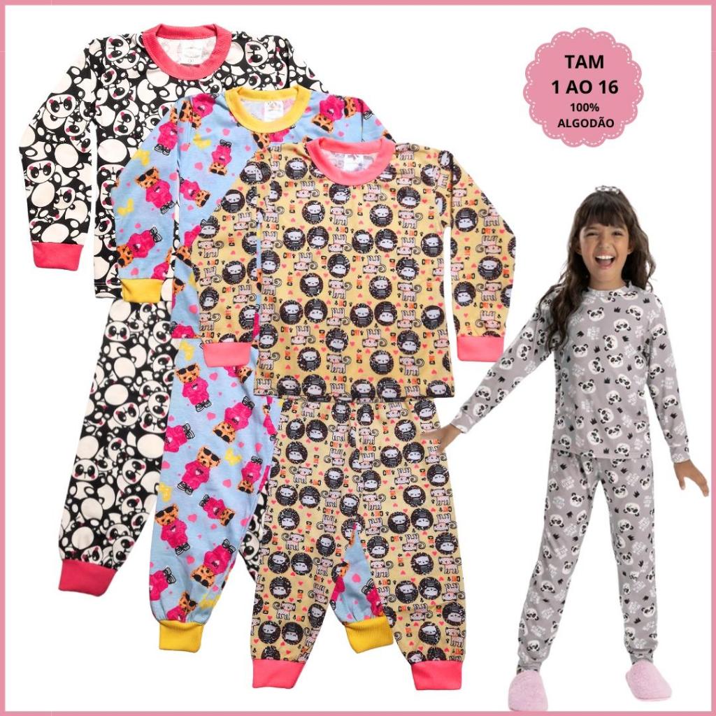Kit 6 Peças Conjunto Pijama Infantil Feminino Inverno Roupa de Dormir Menina Frio Personagem Algodão