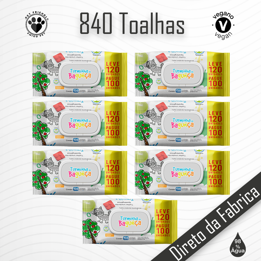 Kit 7 Toalhas Umedecidas Turminha da Bagunça 120 Folhas C/ Tampa 98% Água