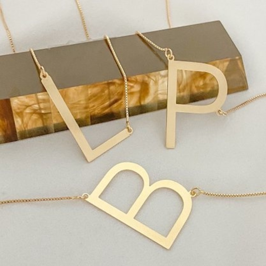 Colar Letra Lisa Folheado Inicial Cravejada cordão veneziana Semi Joia Banhada Folheado a Ouro 18K e