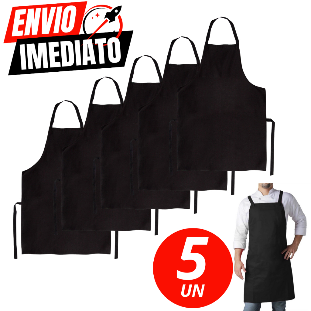 Kit 5 Avental De Oxford Preto Engate Rápido Garçom Cozinha Açougueiro Churrasqueiro Peixaria