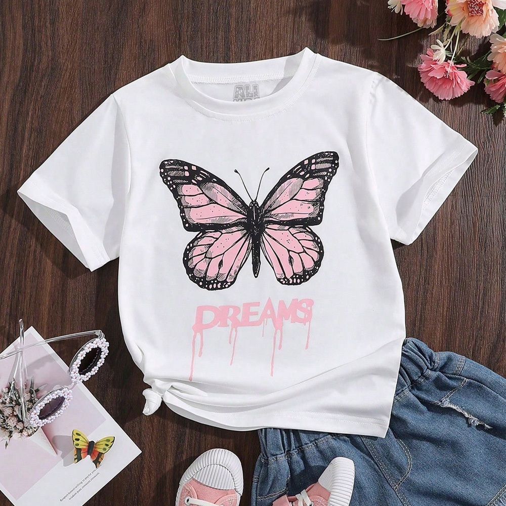 Camiseta Para Meninas Com Impressão De Carta E Borboleta Infantil e Juvenil