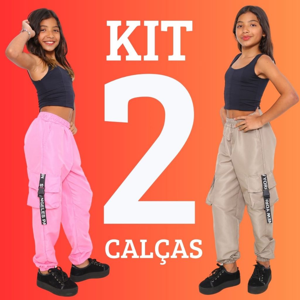 KIT 2 Calça Feminina Jogger Infantil Para Meninas Estilosas Calça Jogger Cargo 4 Bolsos 4 Cores Teci