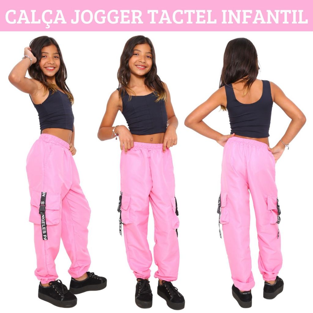 Calça Feminina Infantil  Jogger Tactel Para Meninas Estilosas Calça Cargo 4 Bolsos 4 Cor Moda Preto