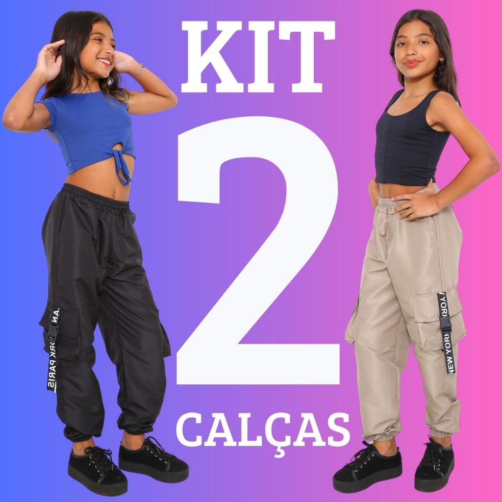 PROMOÇAO KIT 2 Calça Jogger Feminina Infantil Para Meninas Estilosas Calça Jogger Cargo 4 Bolso Teci