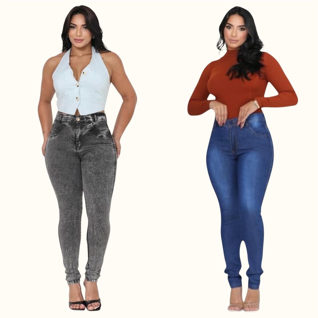 Kit com 2 Calças Femininas Jeans Skinny Cintura Alta Com Lycra