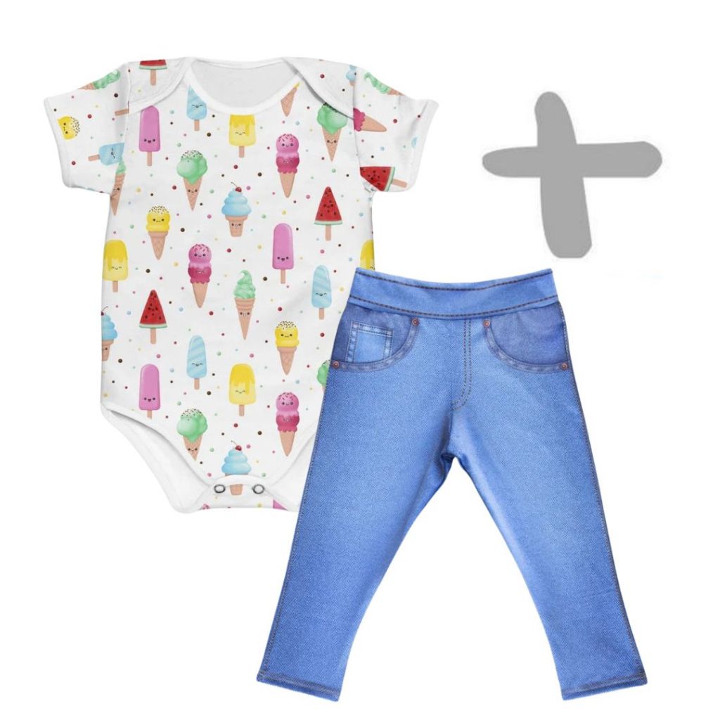 Conjunto Menina Bebê Body Sorvetinhos + Fake Jeans Jeans MiniBoo Proteção Solar 50+ Disponivel em Ma