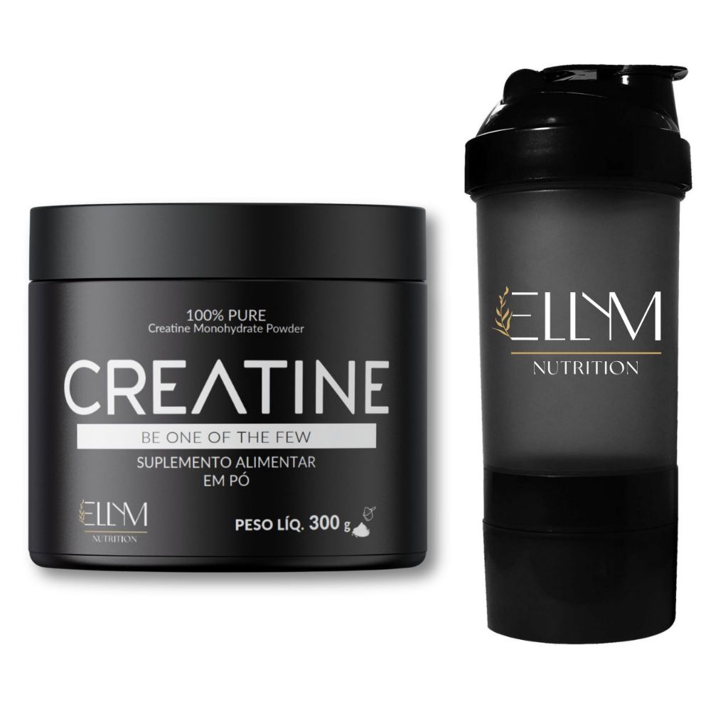 Kit Creatina Monohidratada Pura Premium 300g + Coqueteleira Suplementos 500ml Ellym Nutrition
