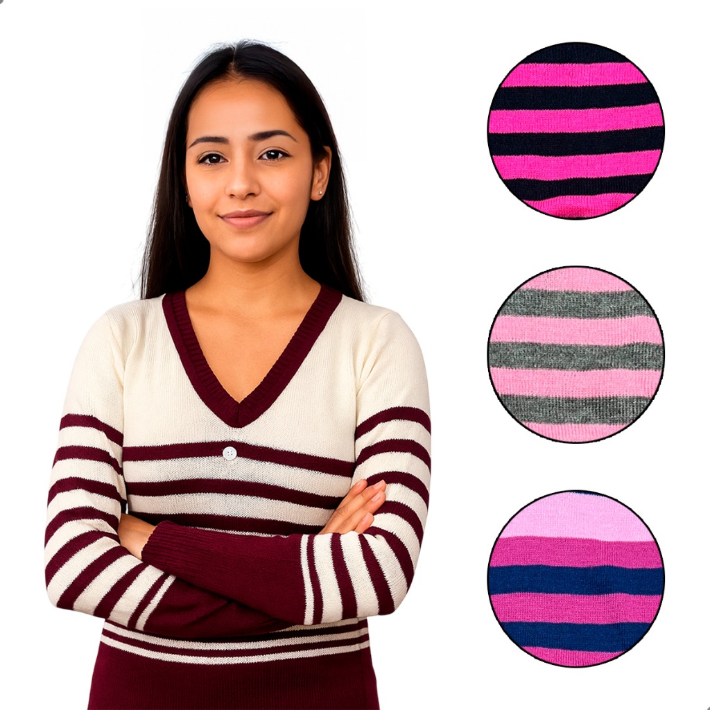 Kit 3 Blusas Femininas Juvenis Tricô Canelado Listradas Gola V Leves Confortáveis Estilo Inverno Cas