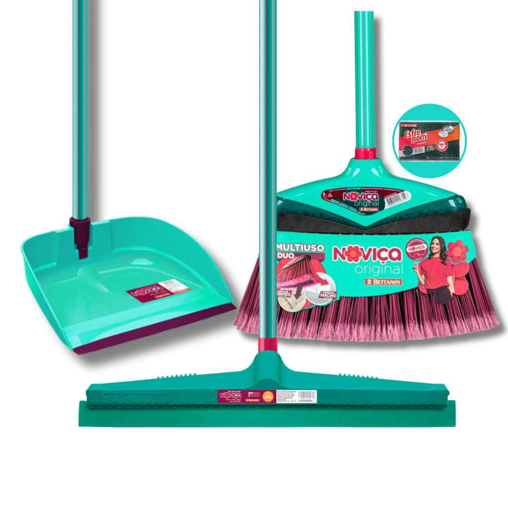 Kit Limpeza Pesada de Vassoura Rodo 40 cm Pá Articulada com Cabo Noviça