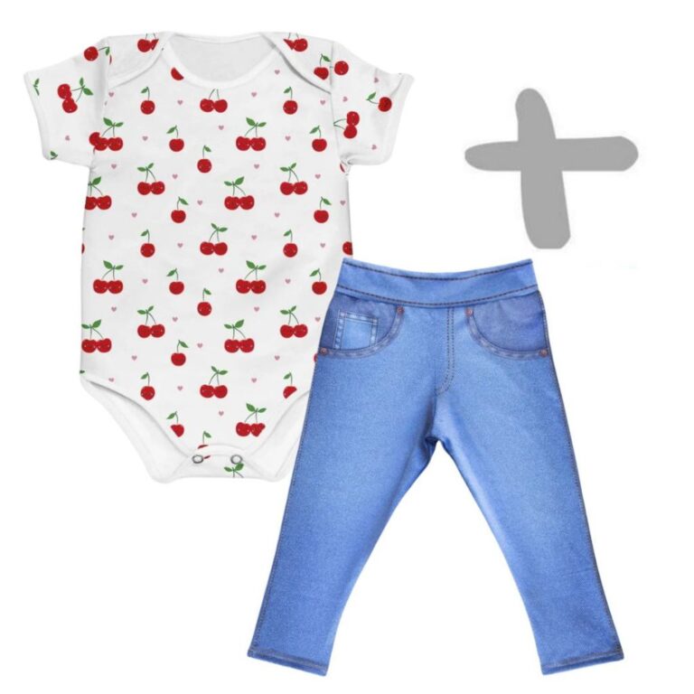 Conjunto Menina Bebê Body Cerejinhas + Fake Jeans