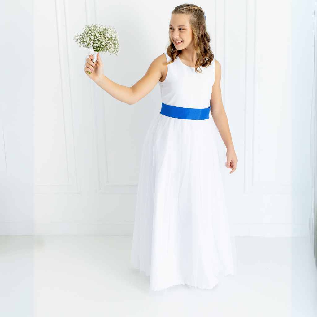 Vestido Dama de Honra Longo Branco Faixa Azul Royal Infantil com Saia Tule Noivinha REF4072