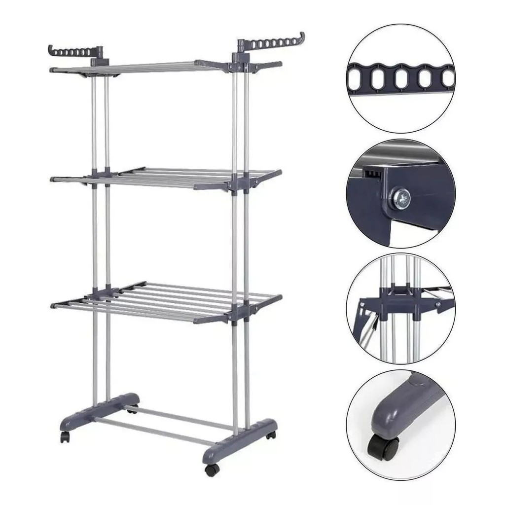 Varal De Chão De Roupas 3 Andares Dobrável Grande 4 Rodas