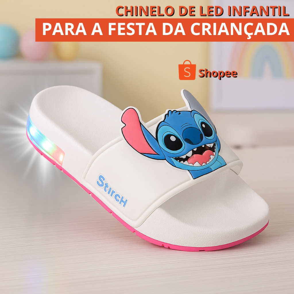 Chinelo Slide Infantil Stitch com LED Super Macio Várias Cores e Tamanhos Pronta Entrega