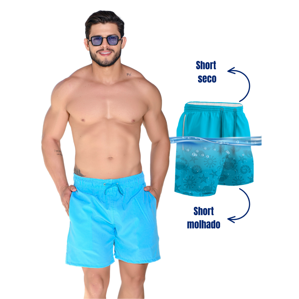 Short Masculino Mauricinho Tactel Mágico Estampa Aparece Molhado Praia Verão Secagem Rápida