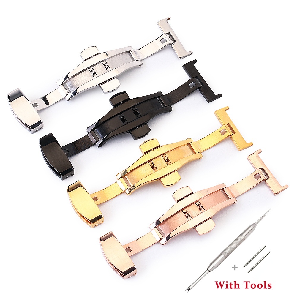 Solid Stainless Steel Deployment Double Press Butterfly Clasp Buckle Fasten Gold Black Silver Rose W