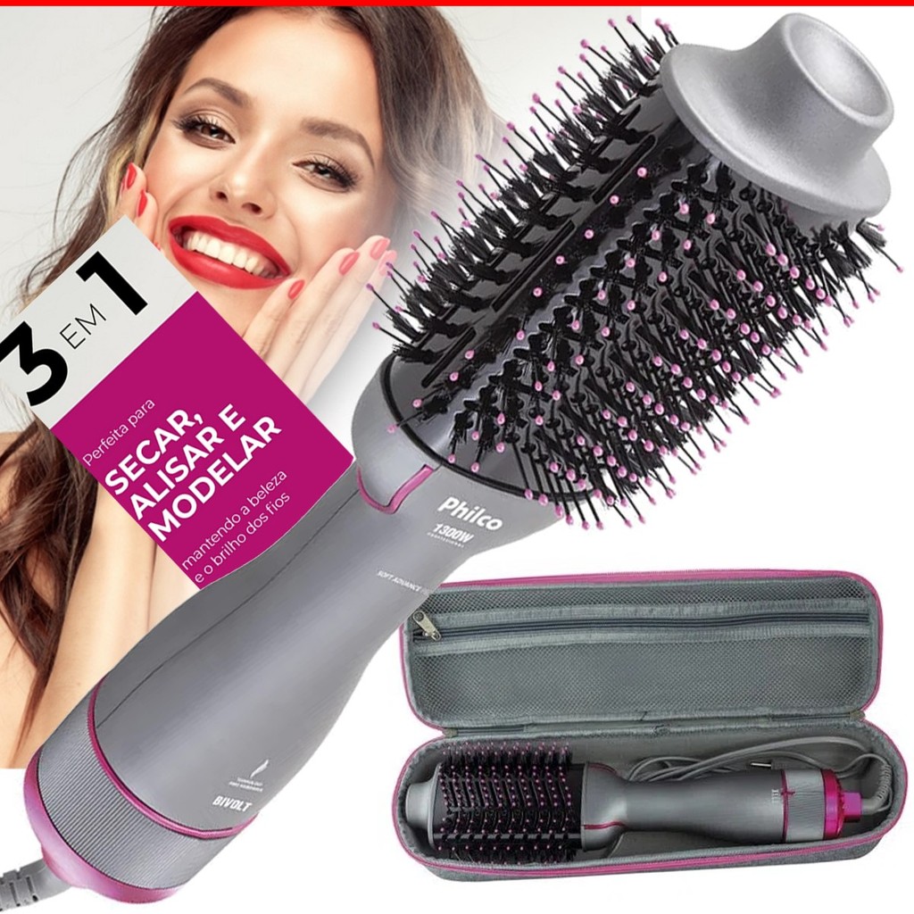 Escova Secadora Modeladora 1300w Soft Pes14 Íon Cerâmica Tourmaline Cabo Giratório Philco Seca Model